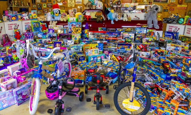 Toys, bikes and stuffed animals filling the sorting room around a red pickup